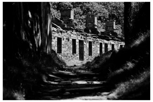 Dinorwic slate quarry, disused Miners cottages, North Wales, UK..  (BW)